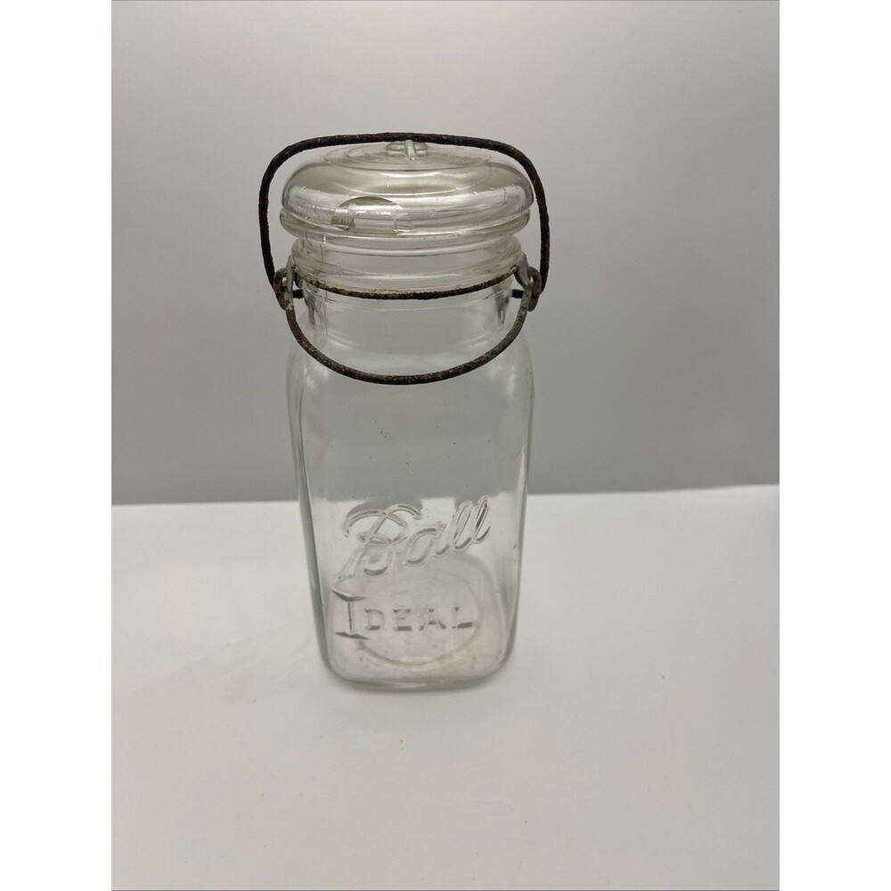 Vintage Ball Ideal Square Quart Mason Jar #5 Wire Bail Glass Lid Chip 1933–1962